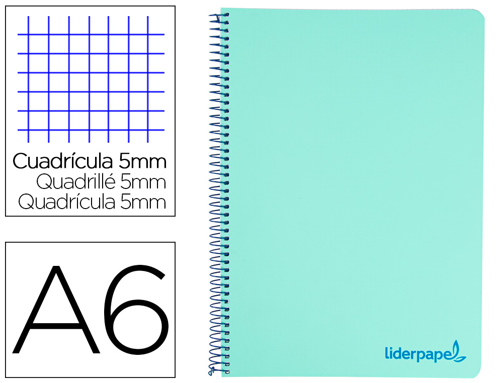 CUADERNO ESPIRAL LIDERPAPEL A6 MICRO WONDER TAPA PLASTICO 120H 90 GR CUADRO 5MM 4 BANDASCOLOR VERDE PASTEL TURQUESA