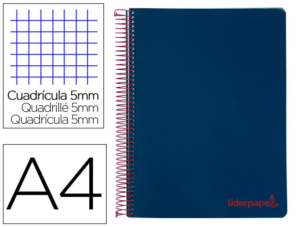 CUADERNO ESPIRAL LIDERPAPEL A4 MICRO WONDER TAPA PLASTICO 120H 90 GR CUADRO 5MM 5 BANDA 4 TALADROS COLOR AZUL MARINO