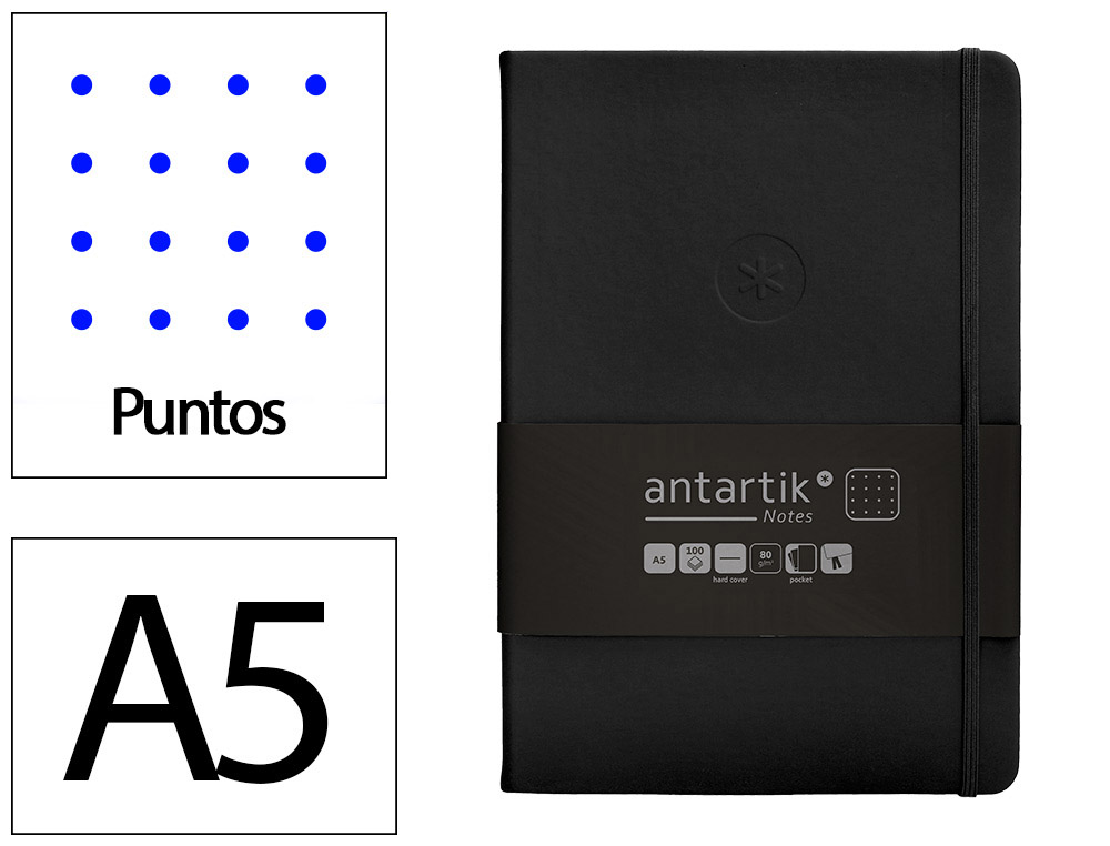 CUADERNO CON GOMILLA ANTARTIK NOTES TAPA DURA A5 HOJAS PUNTOS NEGRO 100 HOJAS 80 GR FSC