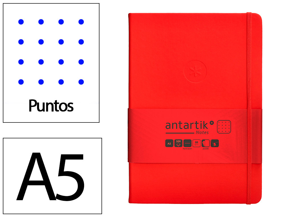 CUADERNO CON GOMILLA ANTARTIK NOTES TAPA DURA A5 HOJAS PUNTOS ROJO 100 HOJAS 80 GR FSC