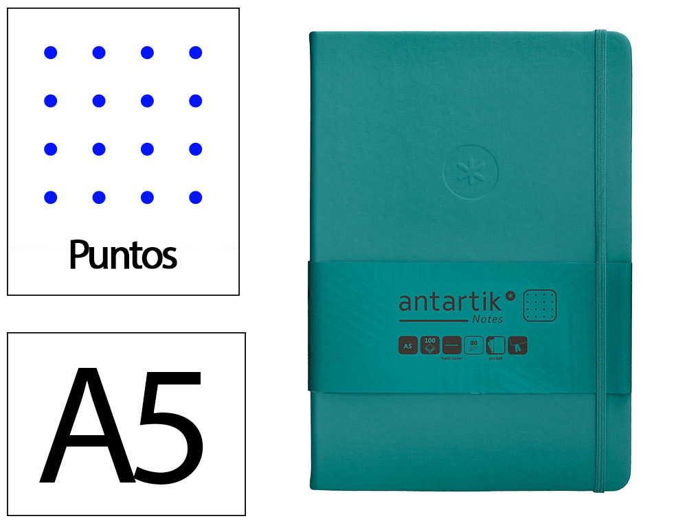 CUADERNO CON GOMILLA ANTARTIK NOTES TAPA DURA A5 HOJAS PUNTOS VERDE AGUAMARINA 100 HOJAS 80 GR FSC