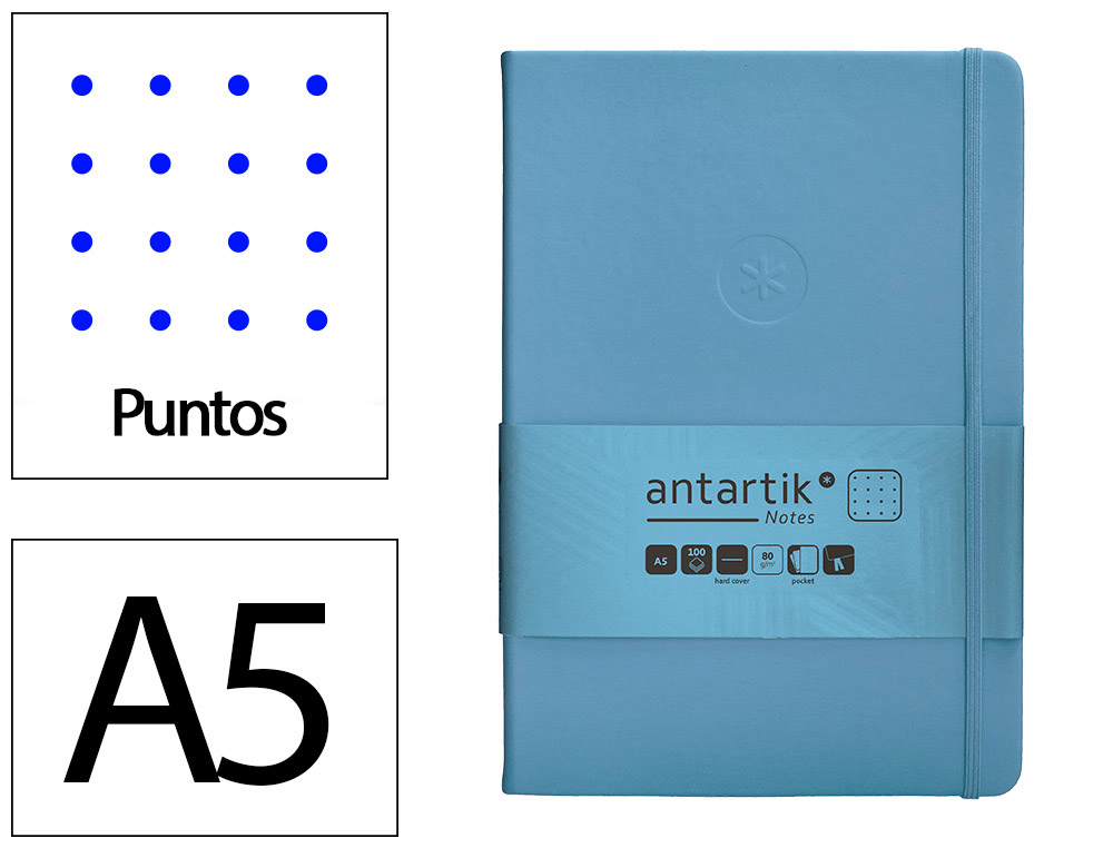 CUADERNO CON GOMILLA ANTARTIK NOTES TAPA DURA A5 HOJAS PUNTOS AZUL CLARO 100 HOJAS 80 GR FSC