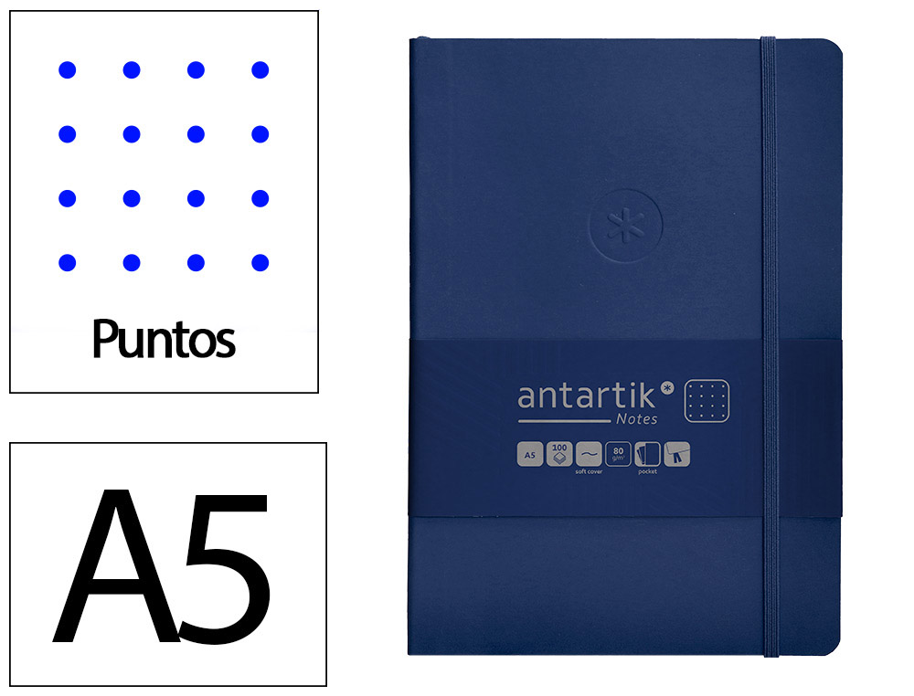 CUADERNO CON GOMILLA ANTARTIK NOTES TAPA BLANDA A5 HOJAS PUNTOS AZUL MARINO 80 HOJAS 80 GR FSC
