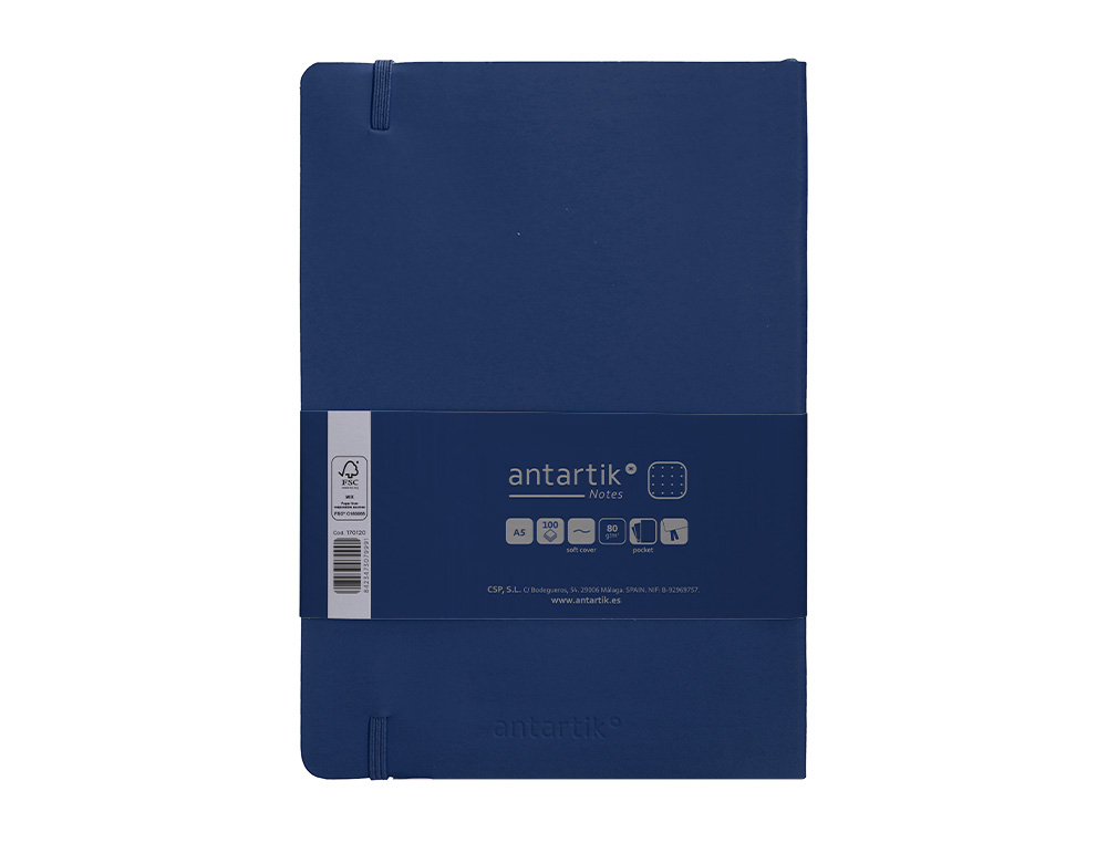 CUADERNO CON GOMILLA ANTARTIK NOTES TAPA BLANDA A5 HOJAS PUNTOS AZUL MARINO 80 HOJAS 80 GR FSC