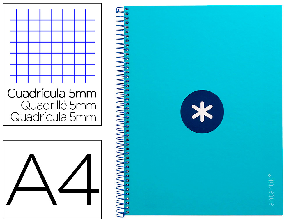 CUADERNO ESPIRAL A4 MICRO ANTARTIK TAPA FORRADA 80H 90 GR CUADRO 5MM 1 BANDA 4 TALADROS TURQUESA