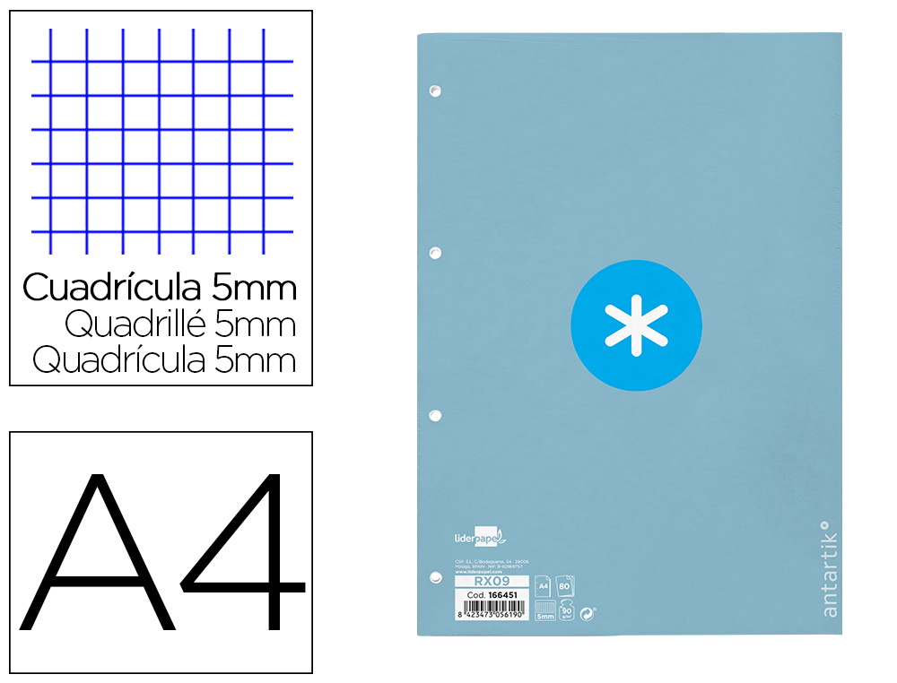 RECAMBIO A4 ANTARTIK 80 HOJAS 90G/M2 CUADRO 5MM 4 TALADROS 1 BANDA CON MARCO COLOR CELESTE