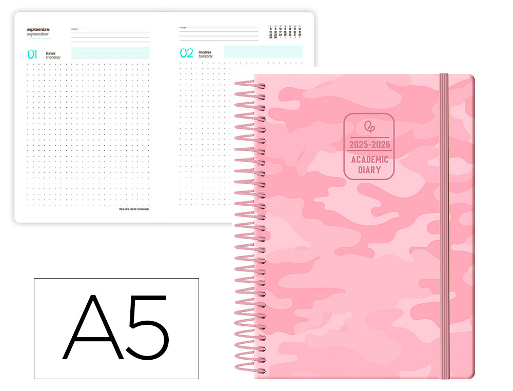 AGENDA ESCOLAR LIDERPAPEL 25-26 ESPIRAL PATTERNS MILITAR ROSA DIA PAGINA A5 BILINGE PAPEL FSC 80 GR